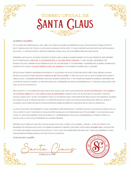 Carta de Santa Claus con texto, firma y sello oficial de Navidad