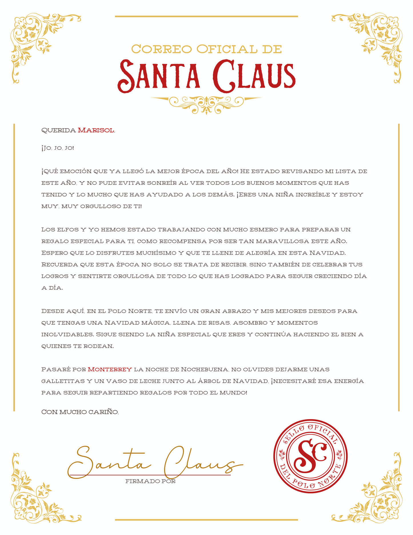 Carta de Santa Claus con texto, firma y sello oficial de Navidad