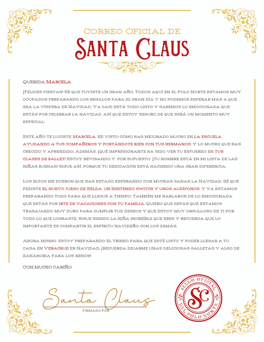 Carta de Santa Claus con texto, firma y sello oficial de Navidad