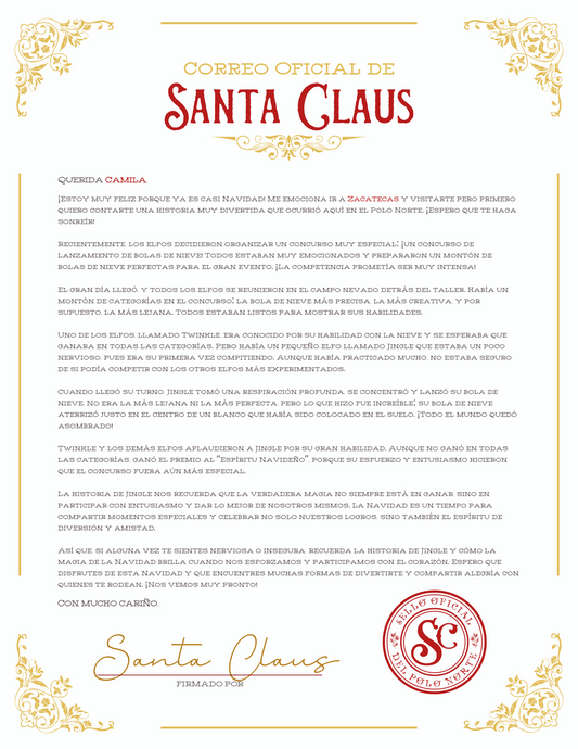 Carta de Santa Claus con texto, firma y sello oficial de Navidad