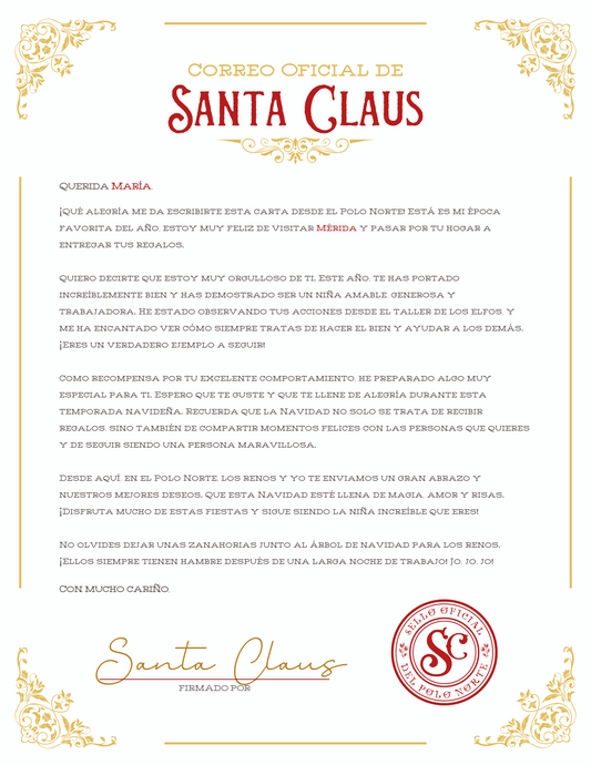 Carta de Santa Claus con texto, firma y sello oficial de Navidad