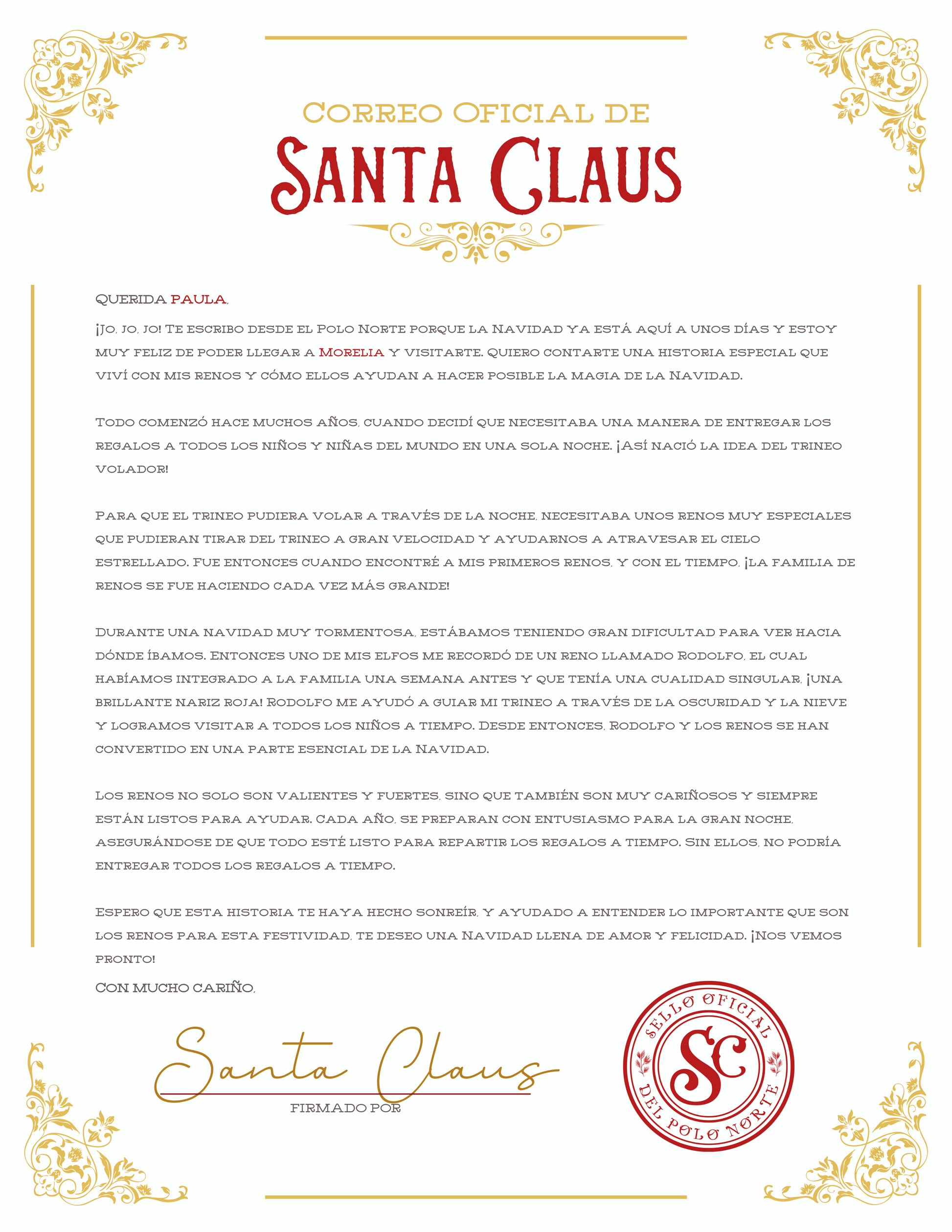 Carta de Santa Claus con texto, firma y sello oficial de Navidad